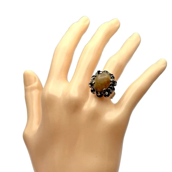 Vintage 1960-70 Sterling Silver Yellow Stone Ring Sz 6.75 Retro Ornate Metalwork - Picture 10 of 11